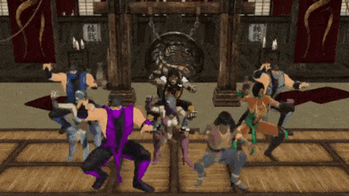 a group of video game characters are dancing together