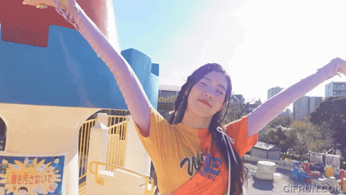 a girl wearing a yellow and orange shirt that says ' wb ' on it
