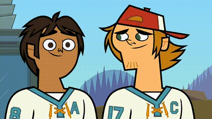 two cartoon boys are standing next to each other in baseball uniforms .
