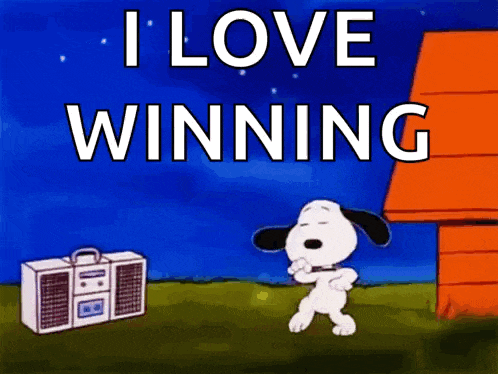a cartoon of snoopy dancing in front of a boombox that says " i love winning "