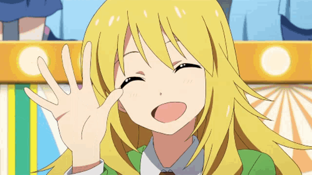 a cartoon girl with blonde hair is smiling and waving her hand