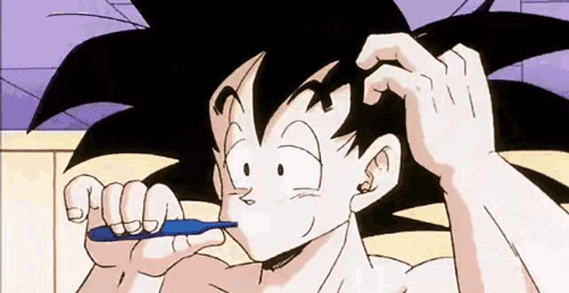 a shirtless cartoon character brushing his teeth with a blue toothbrush