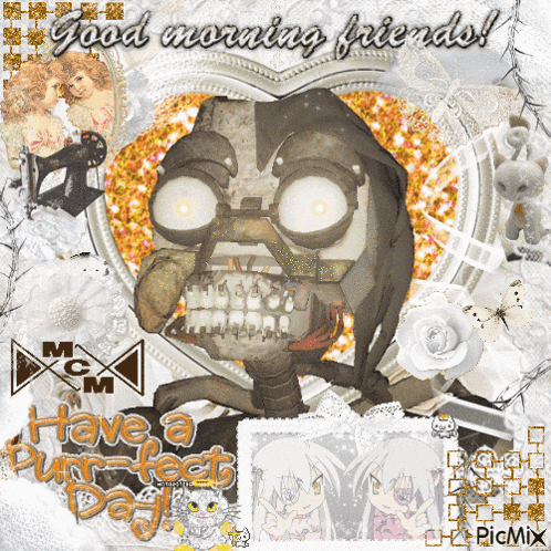 a picture of a skeleton with the words good morning friends