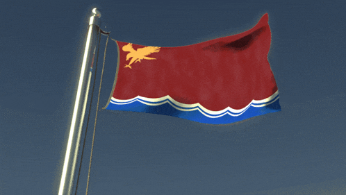 a red white and blue flag with an eagle on it is flying in the wind