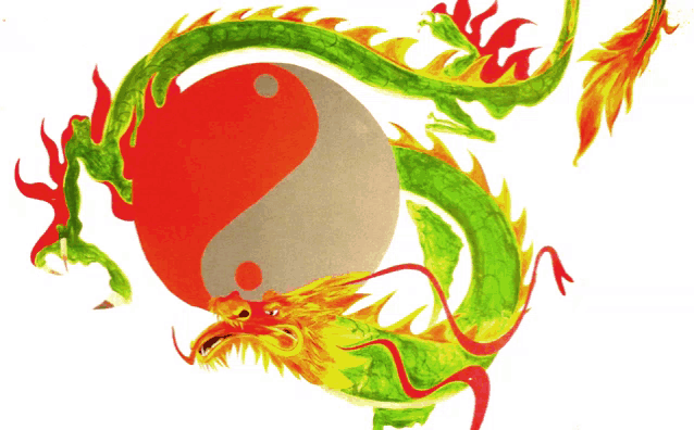 a painting of a dragon with a yin yang symbol in the middle
