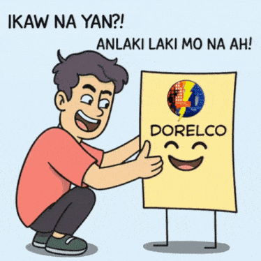 a cartoon of a man squatting down holding a sign that says dorelco