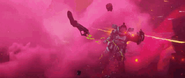 a robot is flying through a pink cloud of smoke while holding a gun in a video game .