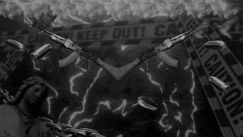 two guns are surrounded by bullets and a caution tape