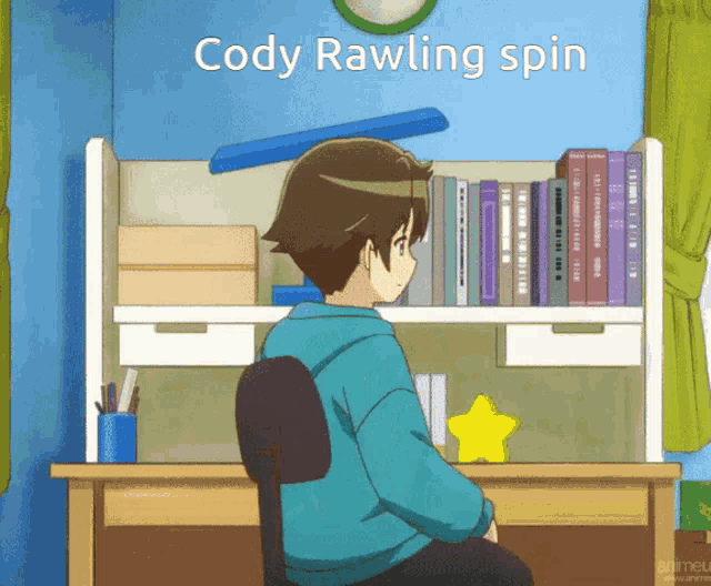 a boy is sitting at a desk with the words cody rawling spin behind him