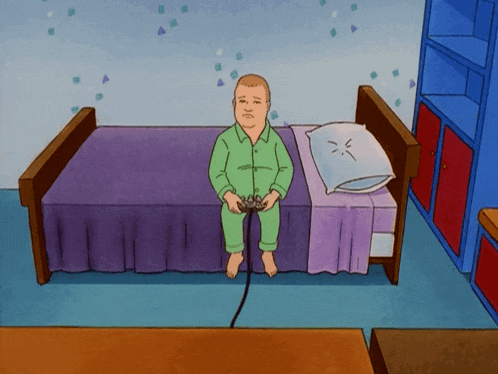 a cartoon of a man sitting on a bed holding a game controller