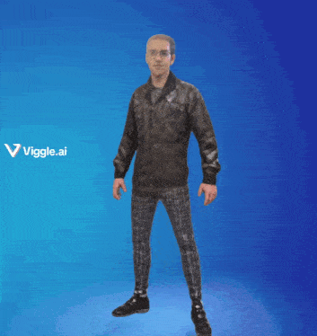a man in a leather jacket is jumping in the air with a viggle.ai logo in the background