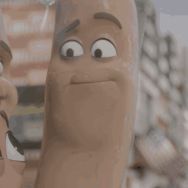 a cartoon sausage says bam in front of a building