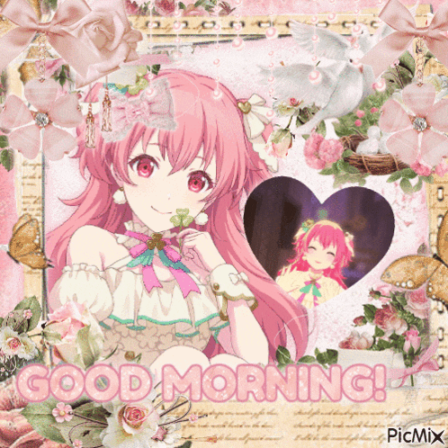 a picture of a girl with pink hair and the words good morning on the bottom
