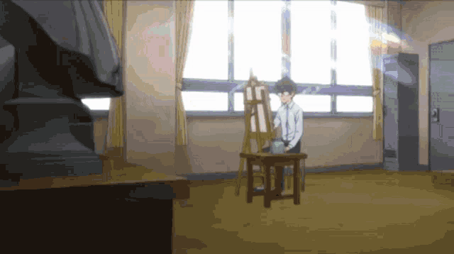 a man sits at an easel in a room with a statue in the background