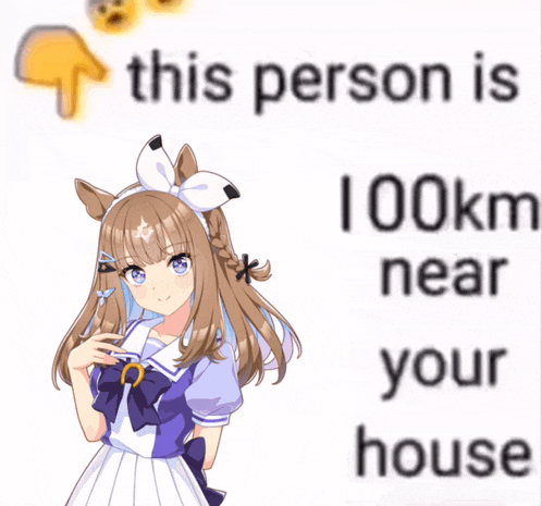 a sign that says this person is 100km near your house with a picture of a girl