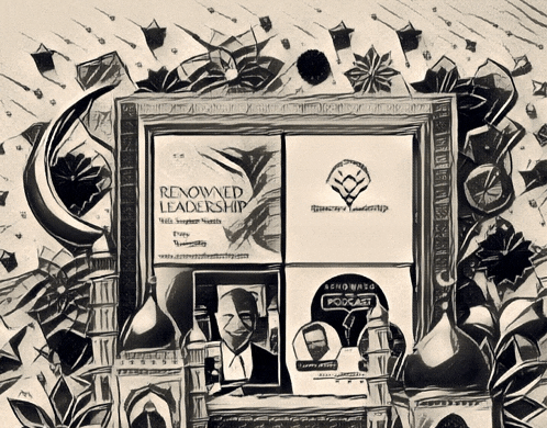 a black and white drawing of a window with the words renewed leadership on it