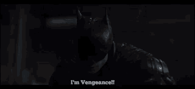 a close up of a person wearing a batman mask with the words `` i 'm vengeance '' written on it .