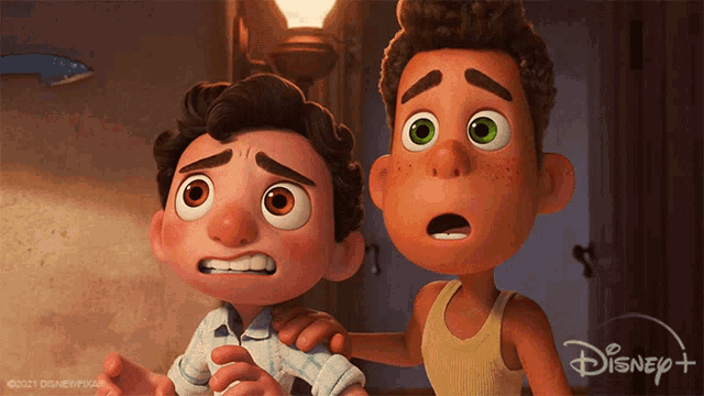 two cartoon boys are standing next to each other with a disney logo in the corner