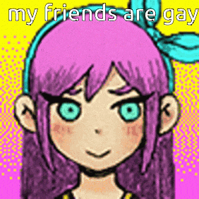 a cartoon of a girl with purple hair and blue eyes with the words `` my friends are gay '' .