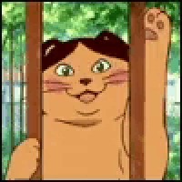 a cartoon cat is standing behind a wooden fence with its paw up .