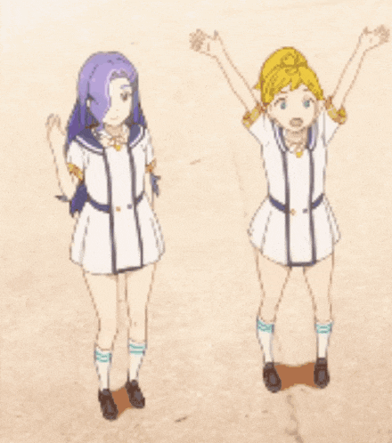 two anime girls standing next to each other with their hands in the air