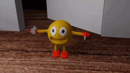 pac man is standing in a doorway holding a hammer
