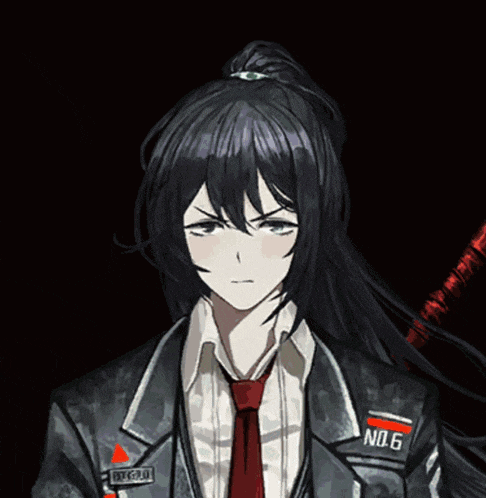 a girl with long black hair has a patch on her jacket that says no. 6
