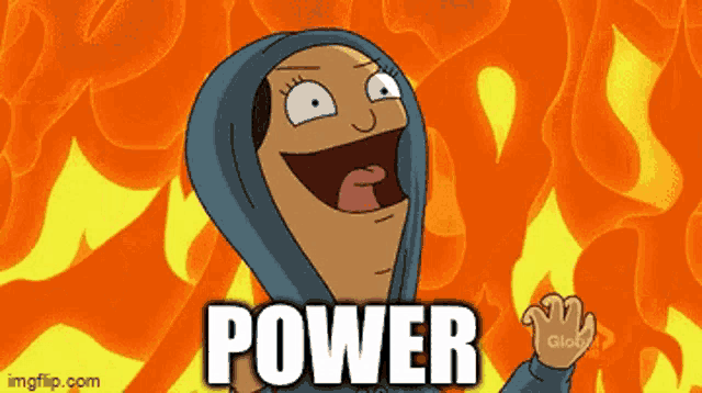 a cartoon character with a hoodie on says power