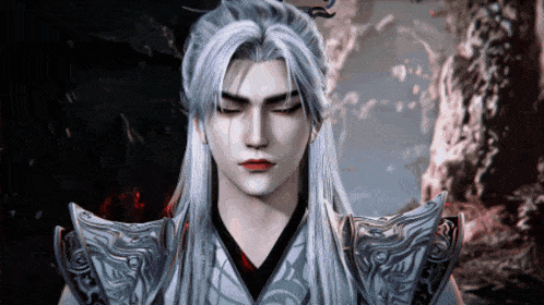 a man with long white hair and red lips is wearing a kimono