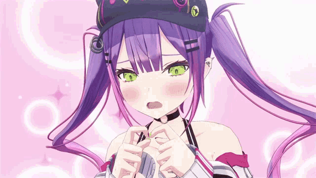 a girl with purple hair and green eyes is making a heart with her hands