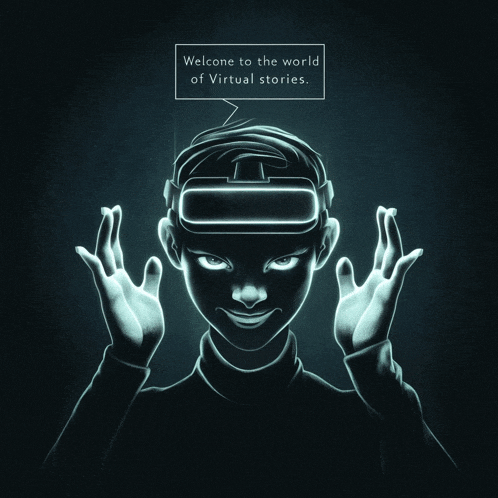 a drawing of a person wearing a virtual reality headset with the words welcome to the world of virtual stories
