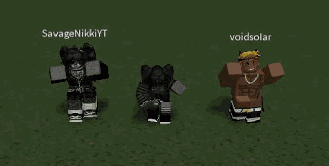 a group of roblox characters are standing next to each other on a green field .