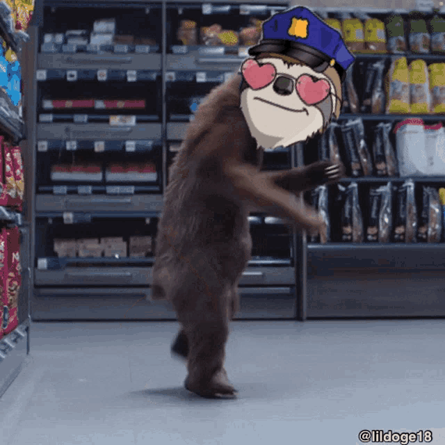 a sloth wearing a police hat and heart shaped sunglasses is dancing in a store