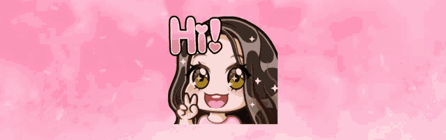 a cartoon girl is giving a peace sign and says hi on a pink background