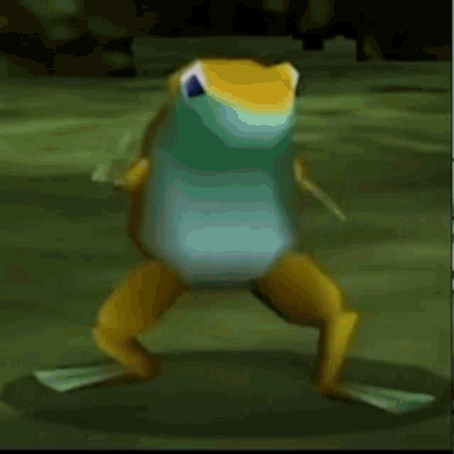 a frog is dancing in a video game and looking at the camera .