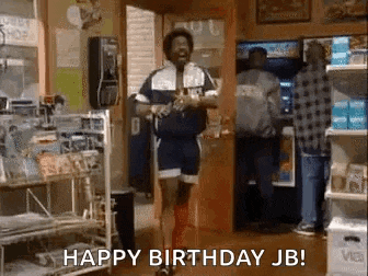 a man is dancing in a store and saying happy birthday jb .
