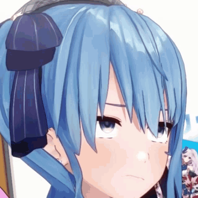 a close up of a blue haired anime character with a bow in her hair