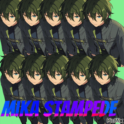 a group of anime characters are lined up in a row with the words " mika stampede " on the bottom