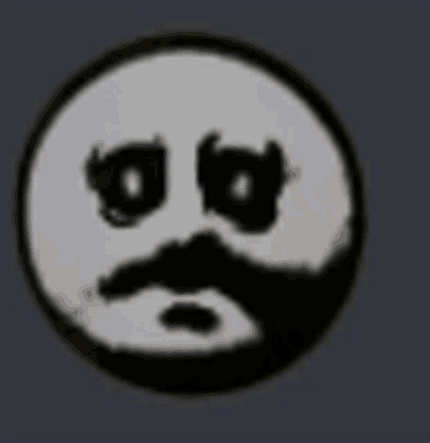 a black and white smiley face with a mustache in a circle on a gray background .