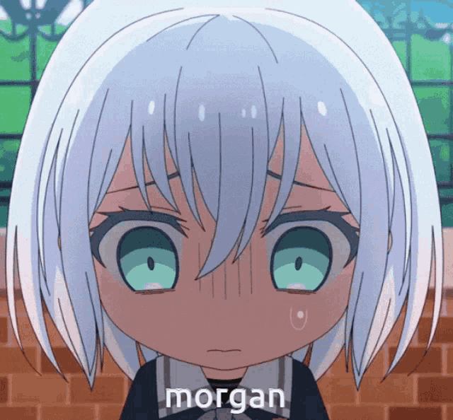 a close up of a cartoon character with the name morgan on her face