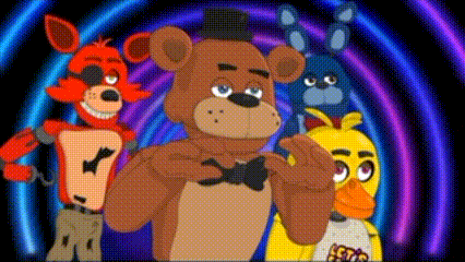 a group of five nights at freddy 's characters standing next to each other in a dark room .