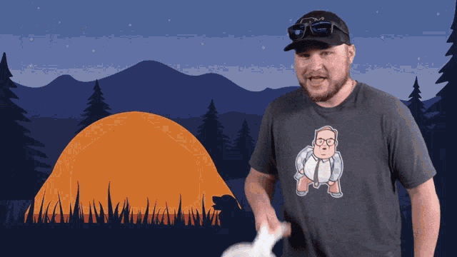 a man wearing a t-shirt with a cartoon man on it