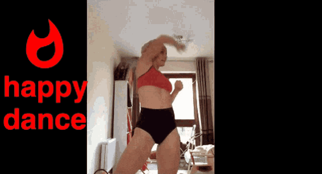 a woman in a red top and black shorts is dancing in front of the words happy dance