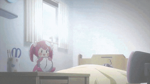 a stuffed animal is sitting on a bed with a clock on it that shows a time of 1:35
