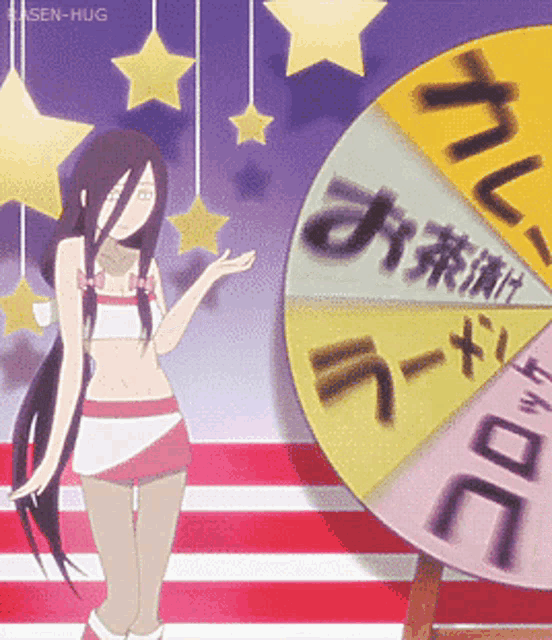 a girl in a bikini stands in front of a spinning wheel that says ' ramen hug ' on it
