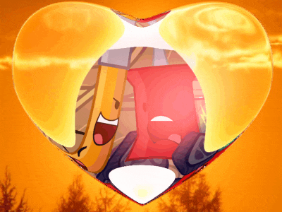 a heart shaped balloon with a picture of a banana and a red object inside of it