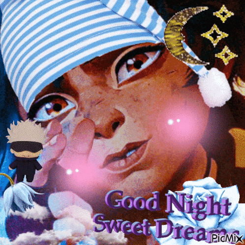 a picture of a girl with a striped hat and the words good night sweet dream