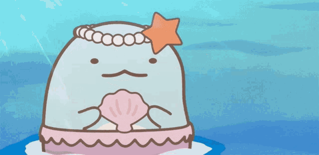 a cartoon whale with a starfish on its head holds a shell