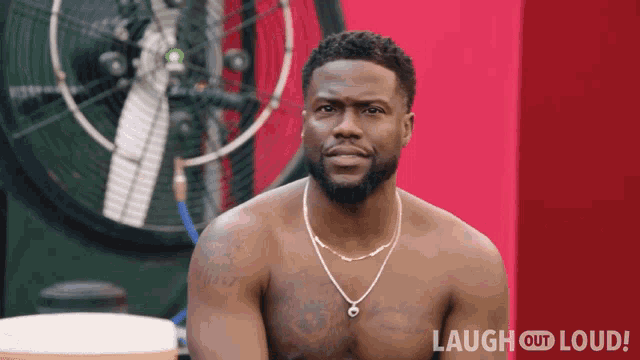 a shirtless man is sitting in front of a fan with the words laugh out loud written on the bottom