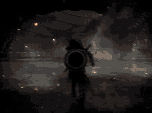 a silhouette of a man holding a shield and a sword in a dark room .